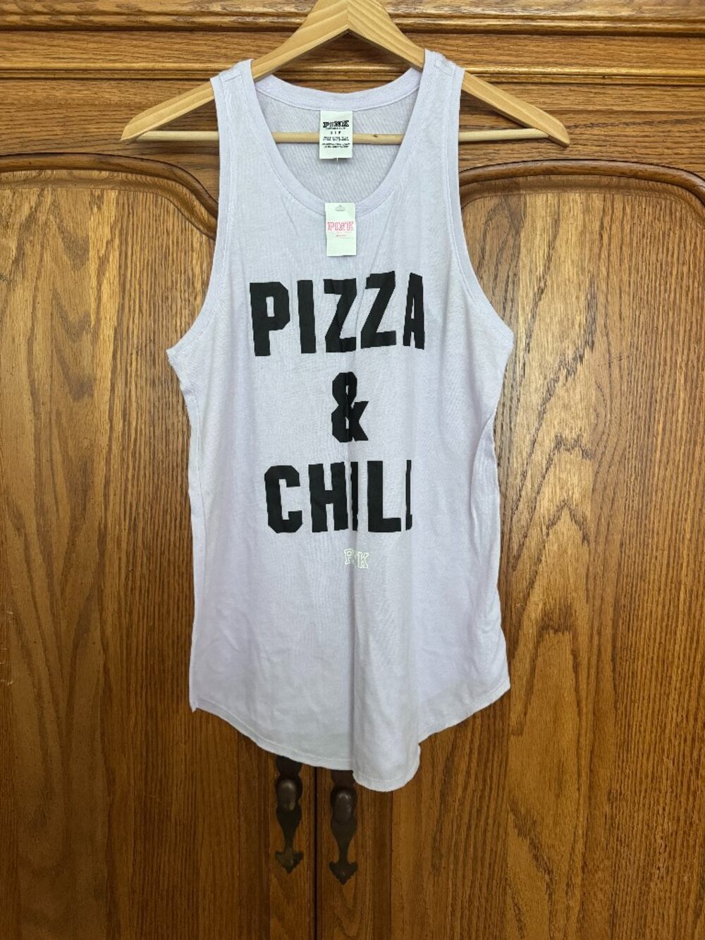 PINK Victoria's Secret Lavender Tank Top with Black "PIZZA & CHILL" Print